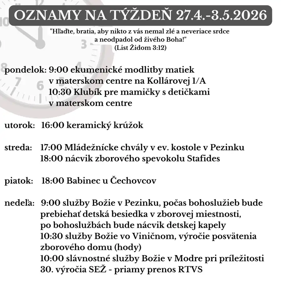 Oznamy na týždeň 27.4.2026 - 3.5.2026