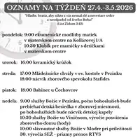 Oznamy na týždeň 27.4.2026 - 3.5.2026