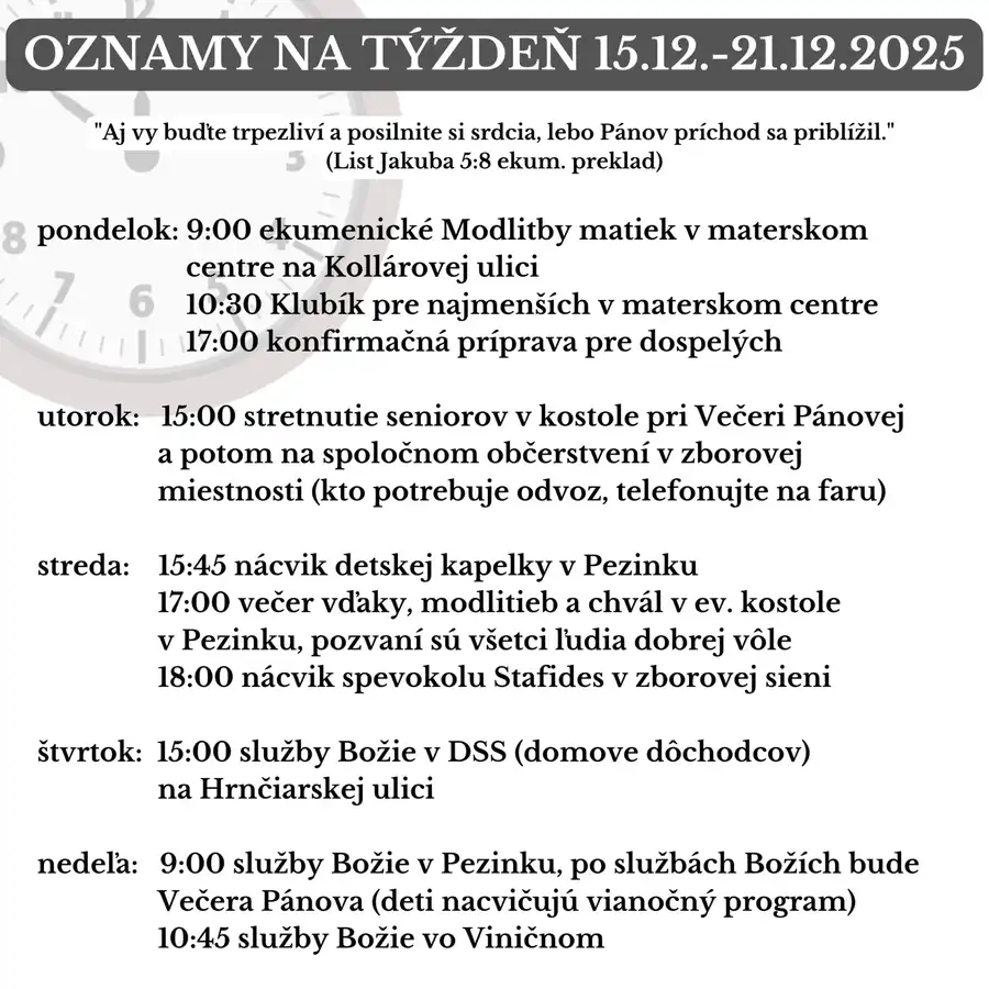 Oznamy na týždeň 15.12.2025-21.12.2025