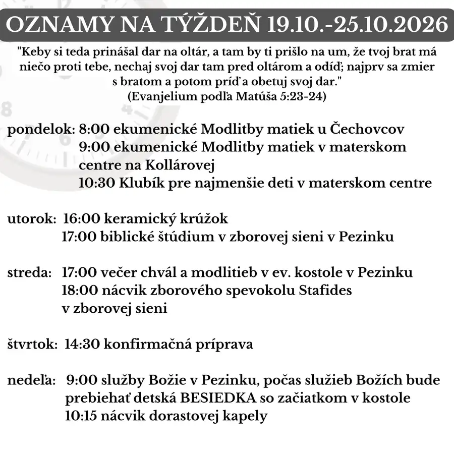 Oznamy na týždeň 19.10.2026-25.10.2026