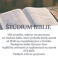Štúdium biblie každý utorok o 18:00