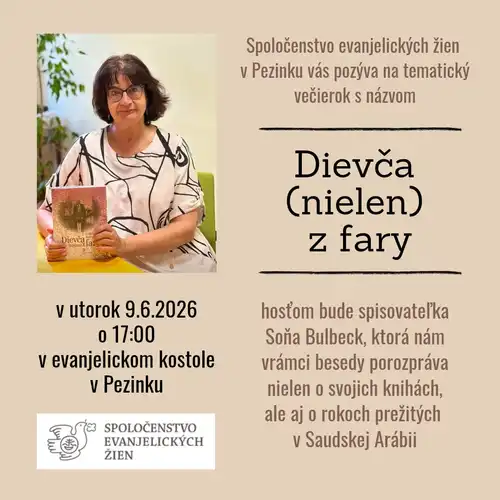 Dievča (nielen) z fary 9.6.2026 o 17:00 - tematický večierok so spisovateľkou Soňou Bullbeck