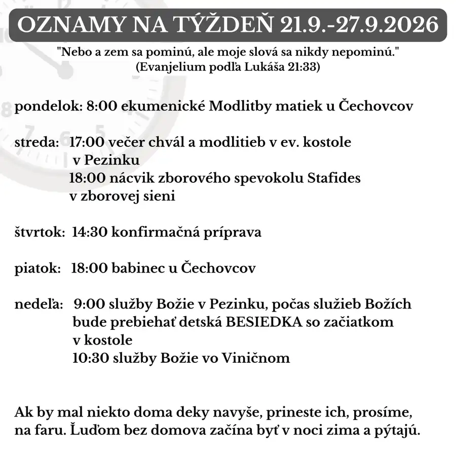 Oznamy na týždeň 21.9.2026-27.9.2026